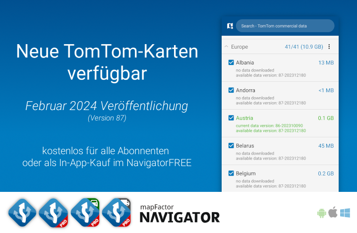 Neue TomTom Karten (Version 87) für Navigator verfügbar